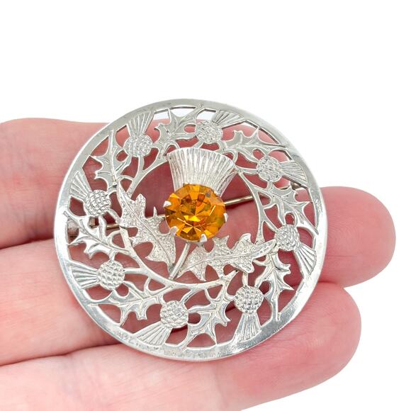 Scottish Sterling Silver 925 Thistle Brooch with Cairngorm-style Glass Stone - Picture 1 of 8